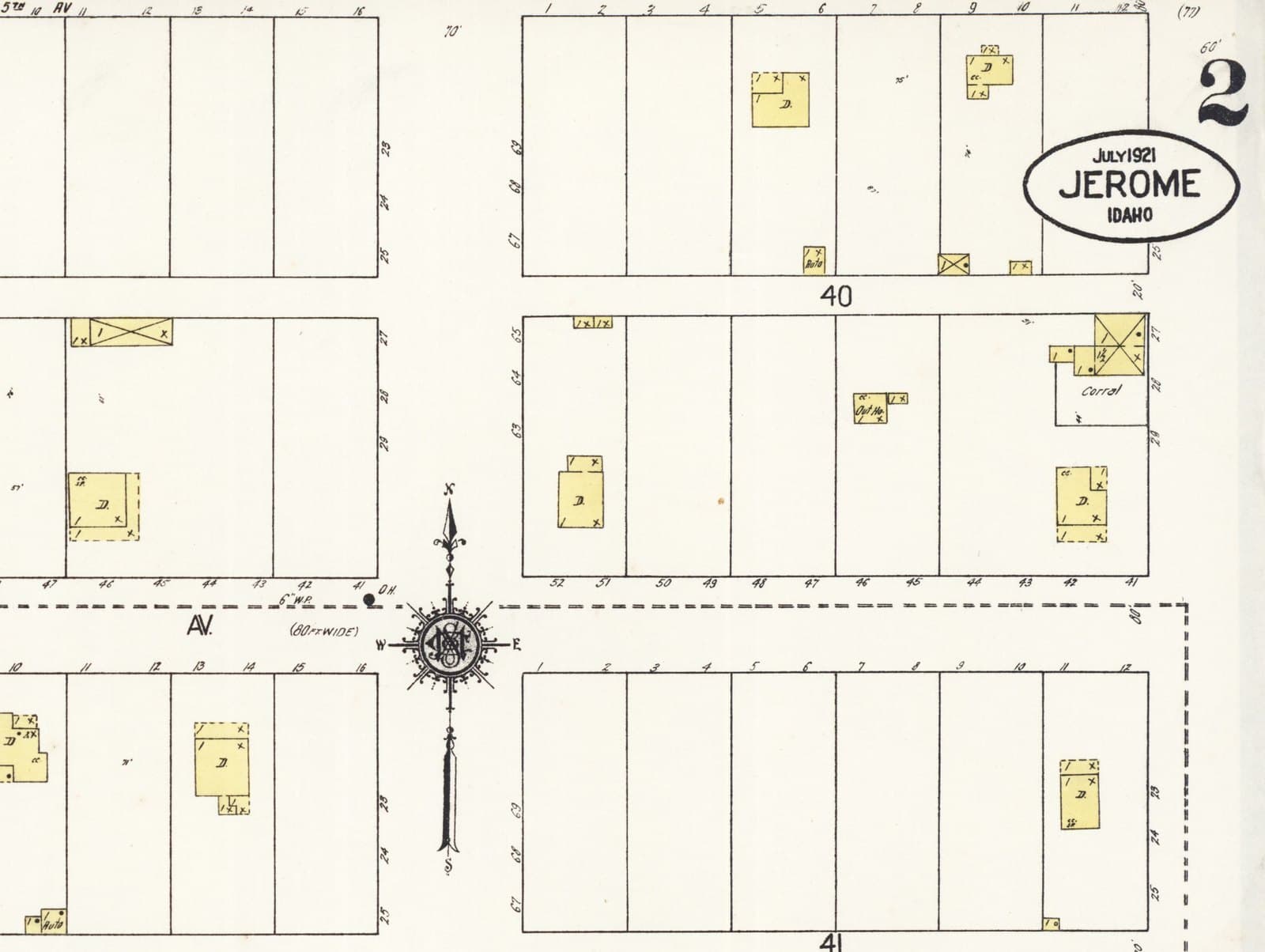 Detail of a 1921 Sanborn fire insurance map of Jerome, Idaho: an oval cartouche lettered JULY 1921 JEROME IDAHO, an engraved compass rose, and numbered lots along the street grid